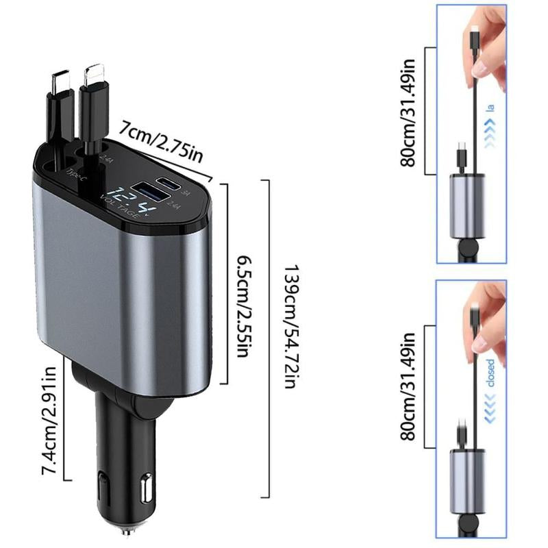 RNABAU 4 in 1 Car Charger, Retractable Car Charger with Digital Display, 120W Fast Charging Car Charger, Phone Accessories Compatible with Iphone & Android Devices