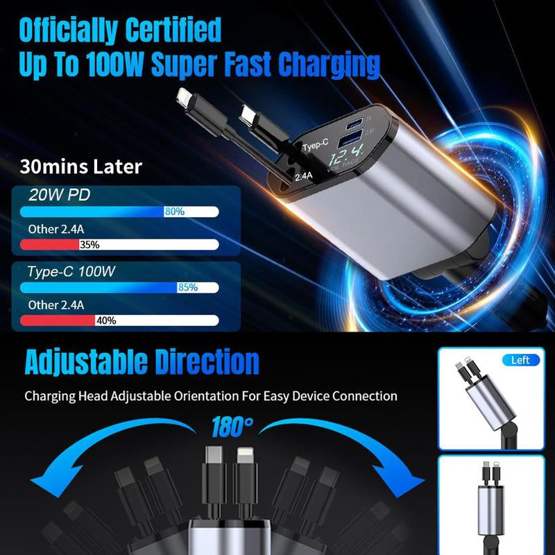 RNABAU 4 in 1 Car Charger, Retractable Car Charger with Digital Display, 120W Fast Charging Car Charger, Phone Accessories Compatible with Iphone & Android Devices