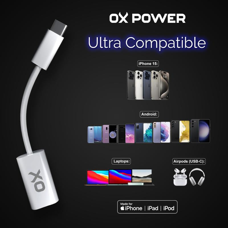 Ox Power 60W Lightning to USB-C Adapter - Extra Fast Charge for Iphone 15, Ipad, Android, and Apple Devices Charging Women Plug Smartphone Electronic Charger