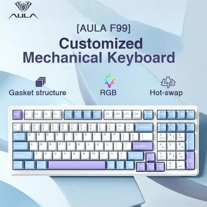 AULA F99 Gaming Mechanical Keyboard 2.4G Wireless Bluetooth Wired Keyboard with Number Pad Hot Swap Gasket RGB for Gamer Macaron Creamy Keyboard